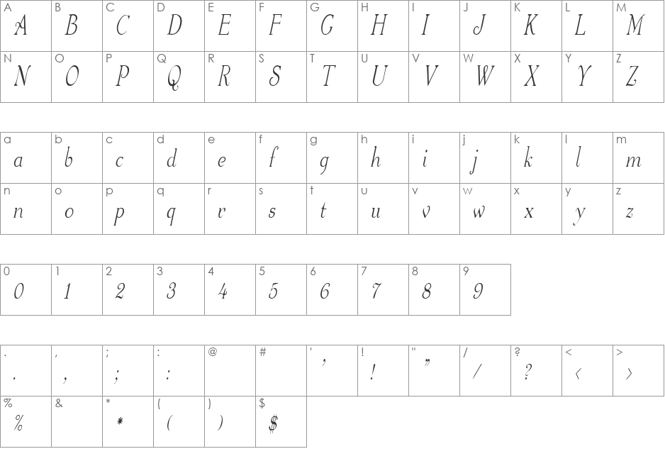 WaltersCondensed font character map preview