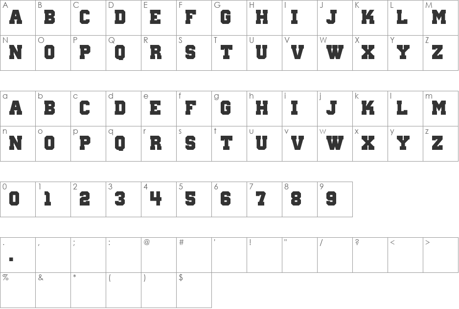 Wanted M54 font character map preview
