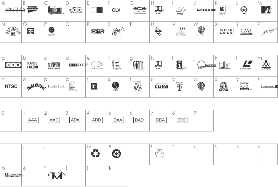 WarnerLogoFontNine font character map preview