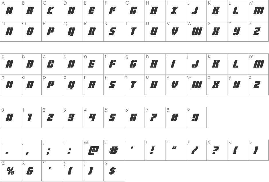 Warp Thruster Condensed Italic font character map preview