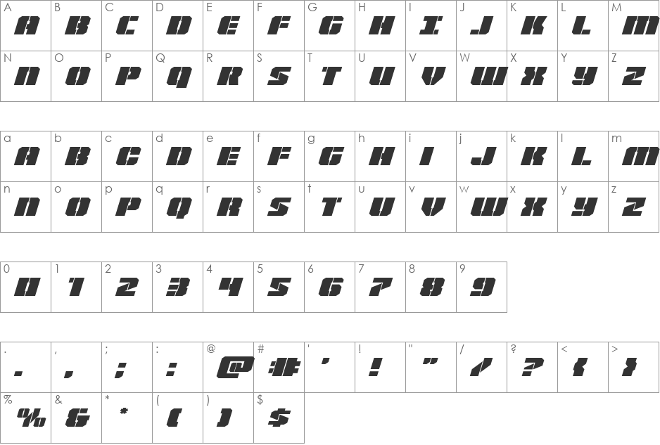Warp Thruster Expanded Italic font character map preview