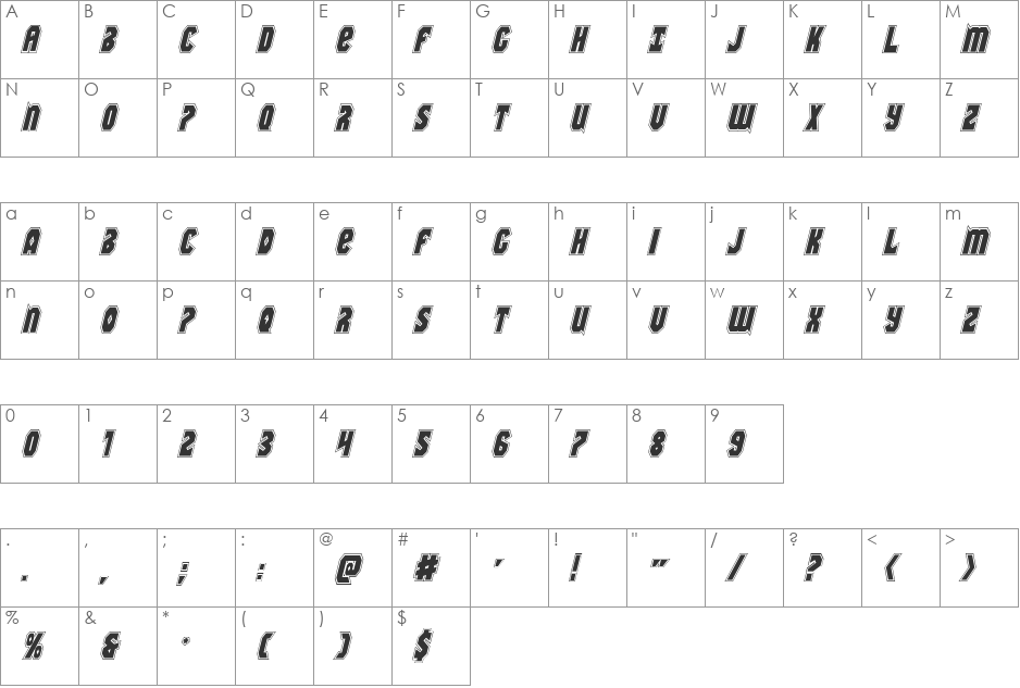 Warrior Nation Academy Italic font character map preview