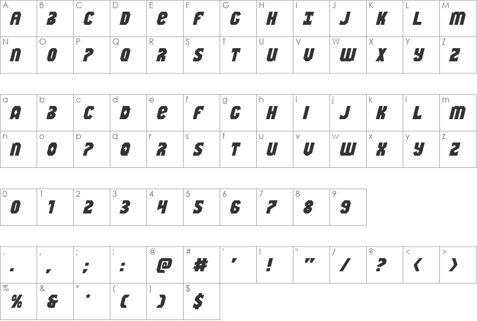 Warrior Nation Expanded Italic font character map preview