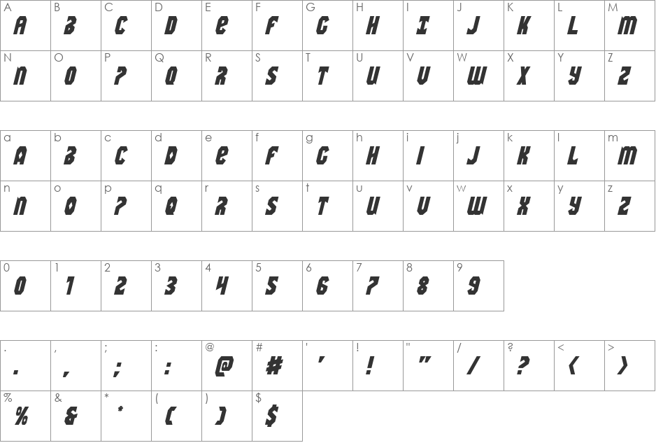 Warrior Nation Italic font character map preview