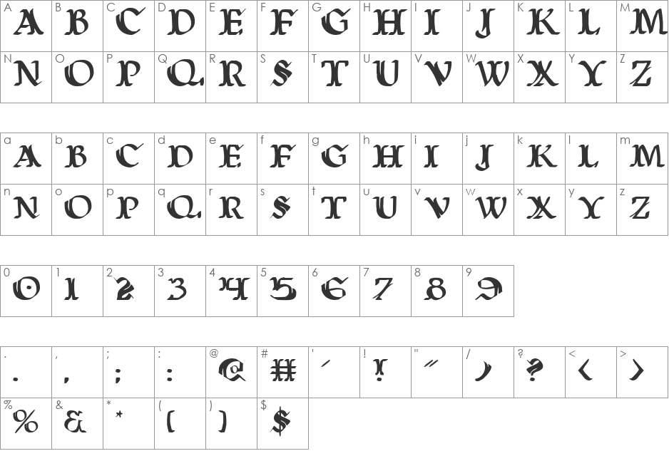 Wars of Asgard font character map preview