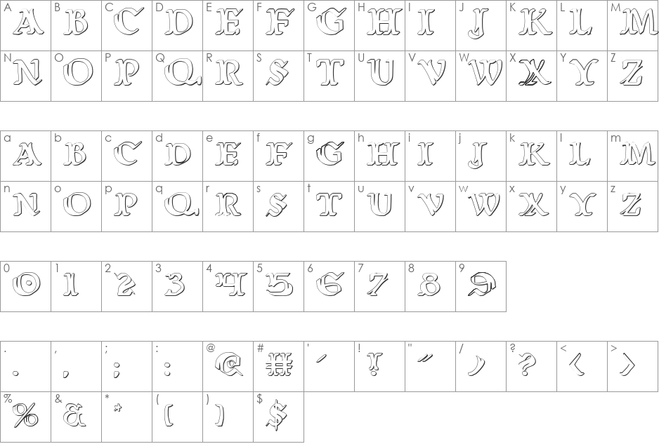 Wars of Asgard 3D font character map preview
