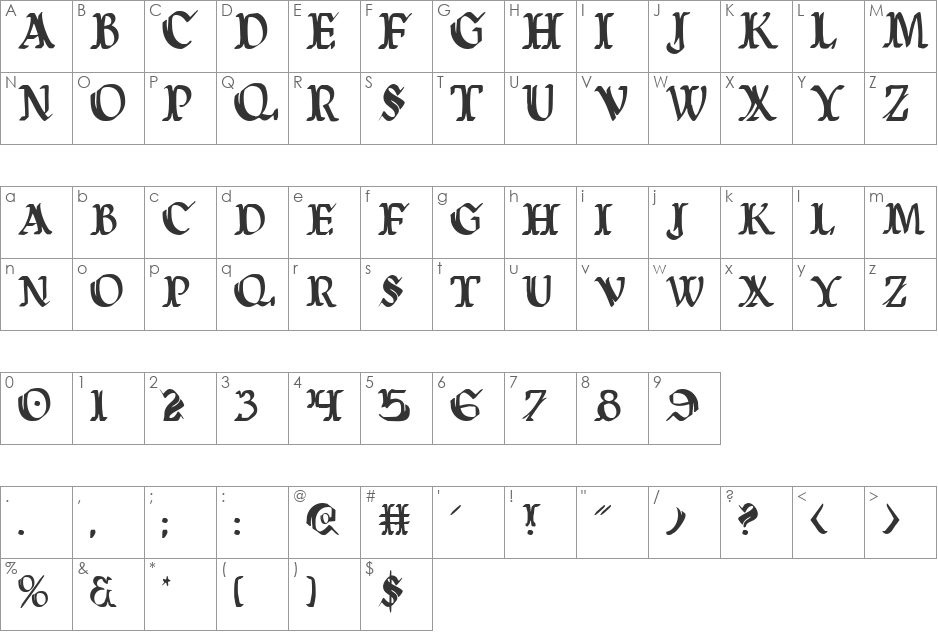 Wars of Asgard Condensed font character map preview