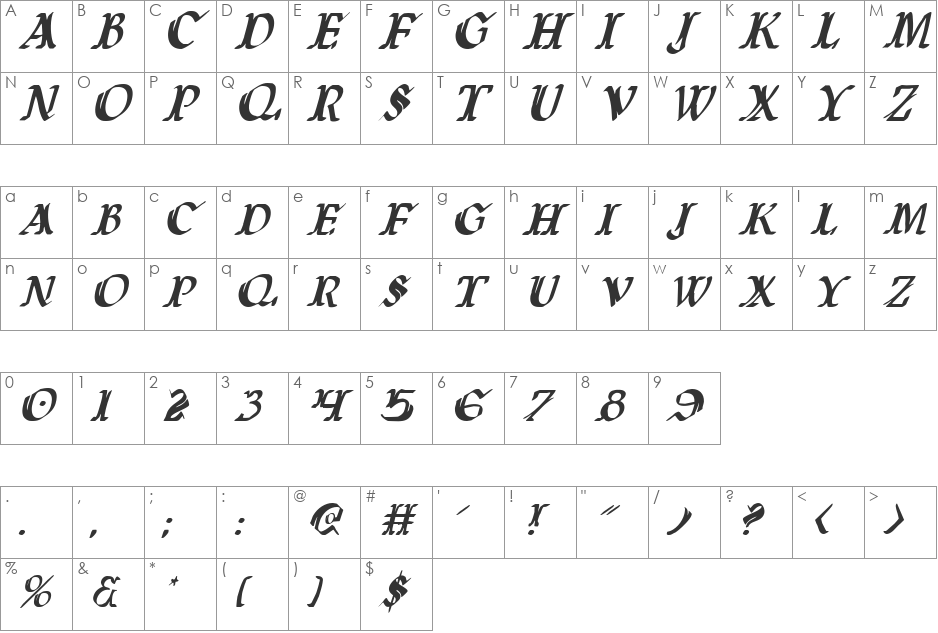 Wars of Asgard Condensed Italic font character map preview