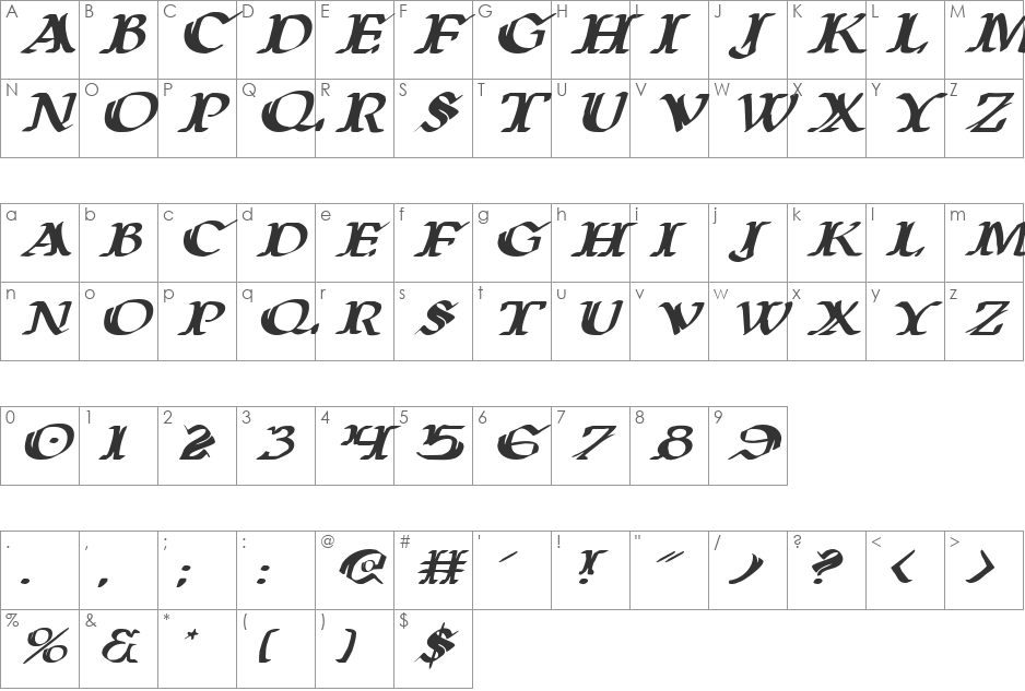 Wars of Asgard Expanded Italic font character map preview