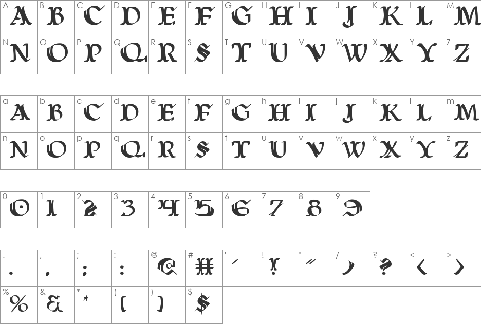 Wars of Asgard Italic font character map preview