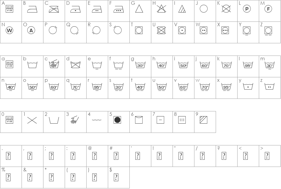 Wash Care Symbols M54 font character map preview