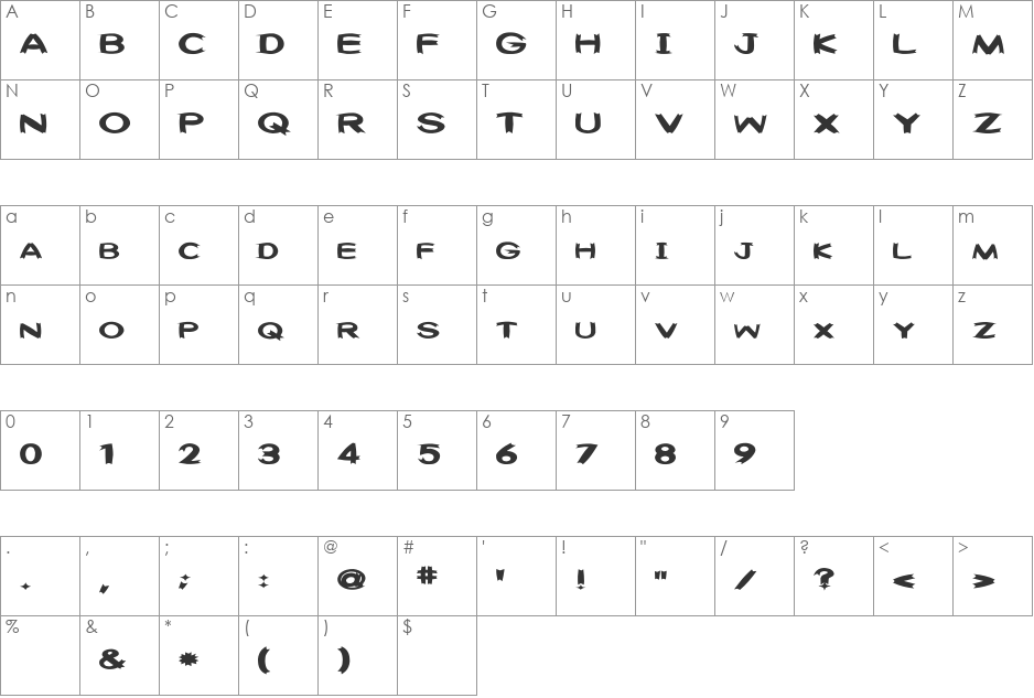 Washable (sRB) font character map preview