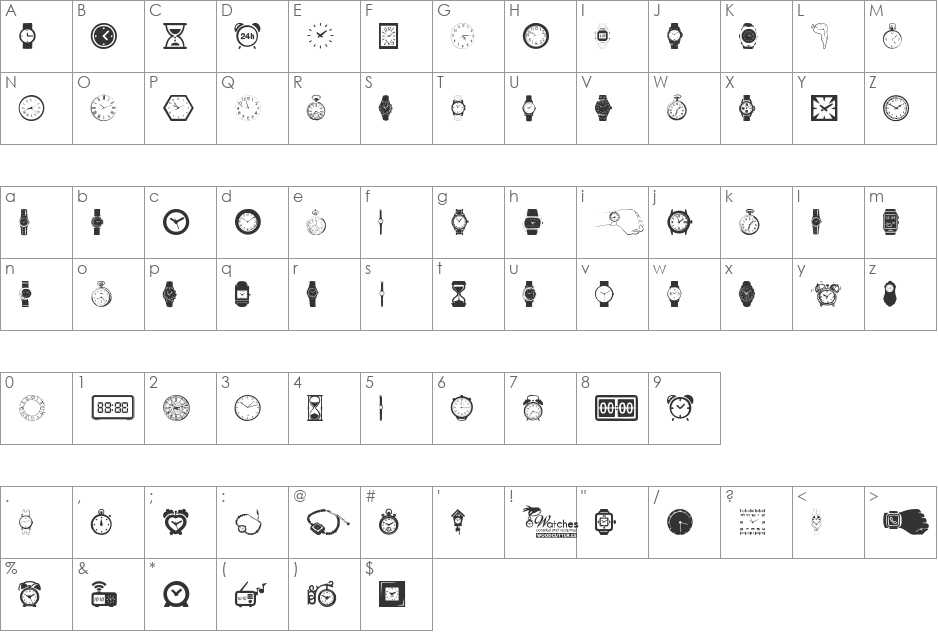 watches font character map preview