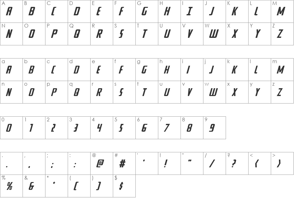 Watchtower Expanded Italic font character map preview