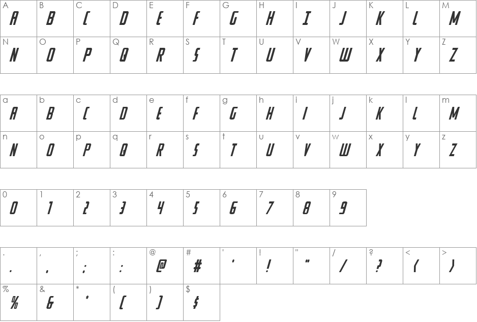 Watchtower Italic font character map preview