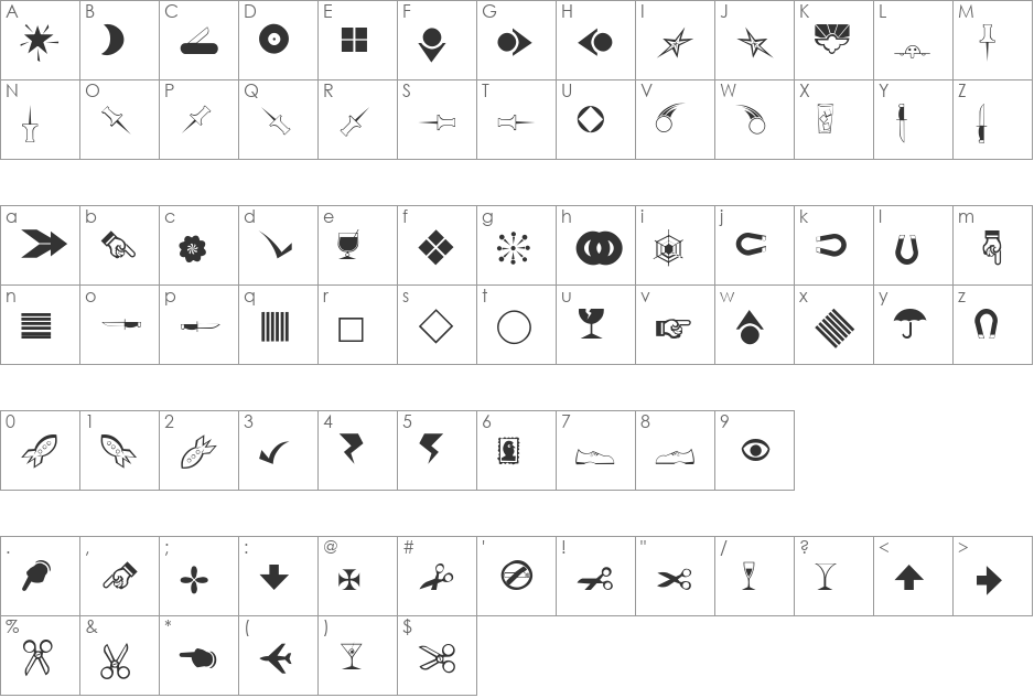 BillsDingbats font character map preview
