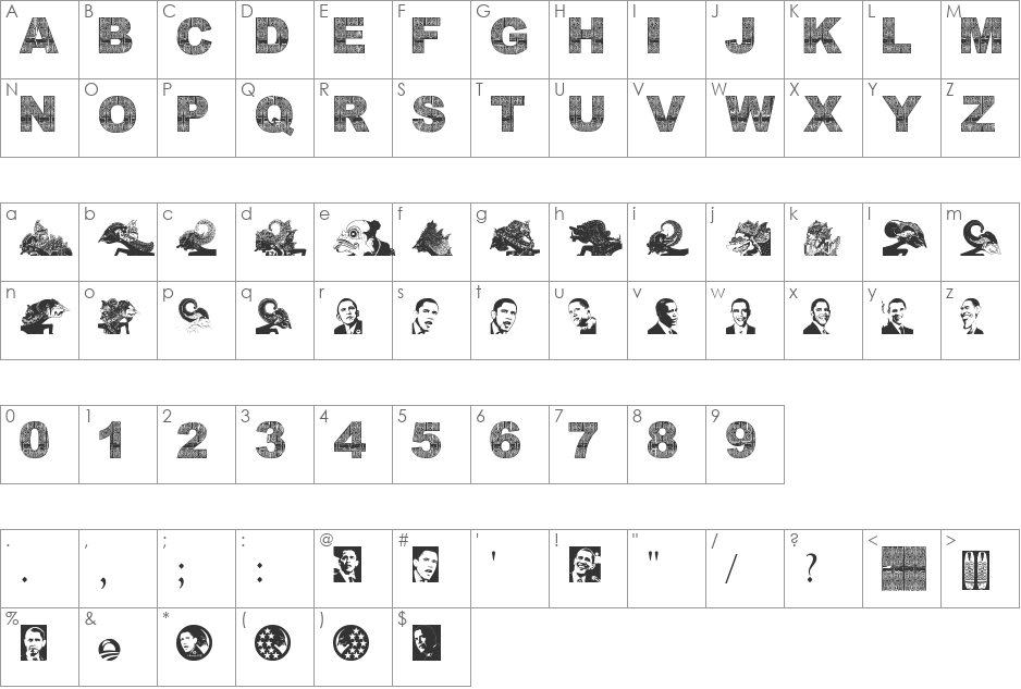 WayangObama font character map preview