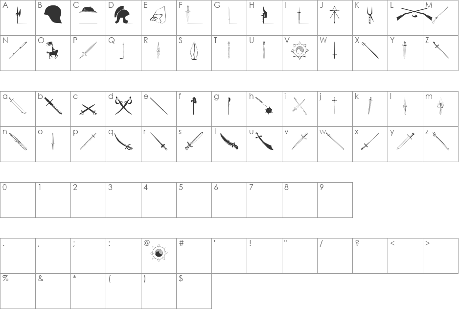 Weapons font character map preview