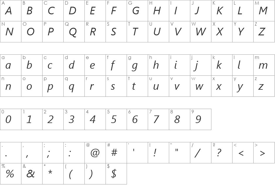 WeblySleek UI Italic font character map preview