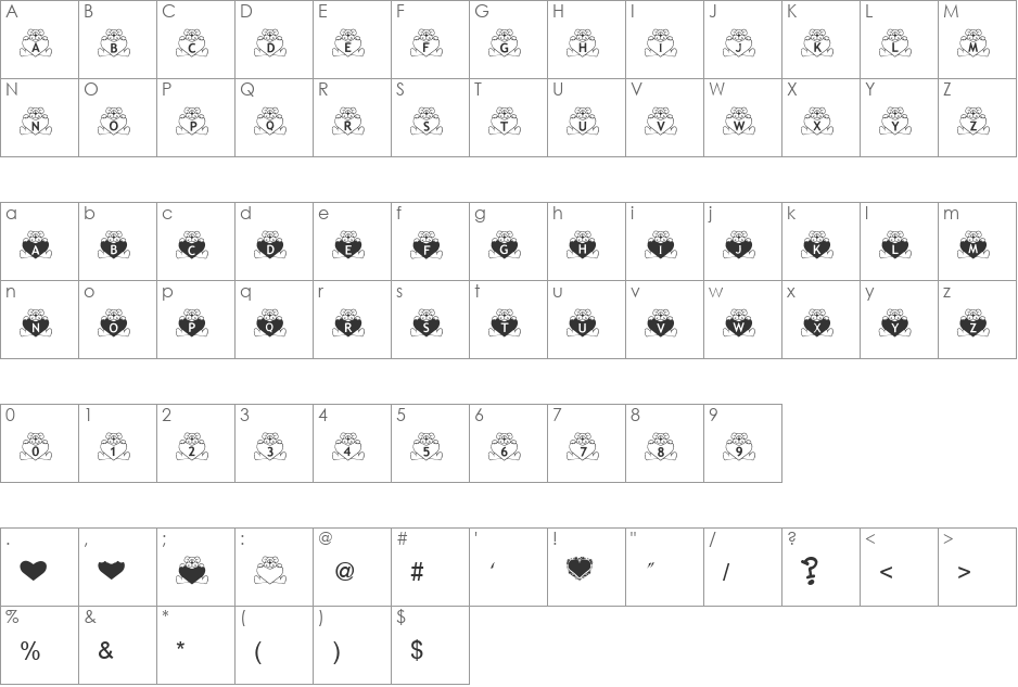 BillyBears LoveNotes font character map preview