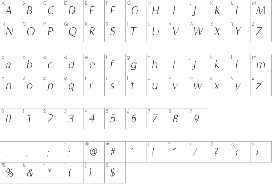 BillyBecker-ExtraLight font character map preview