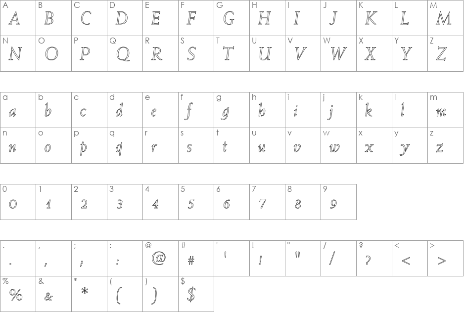 Weiss-Italic Hollow font character map preview
