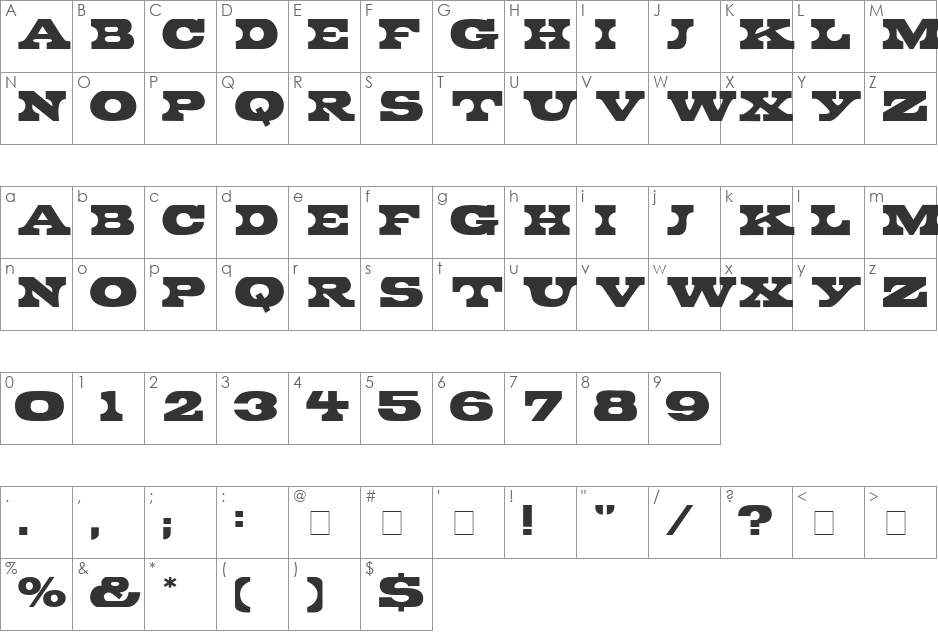 West Wide font character map preview