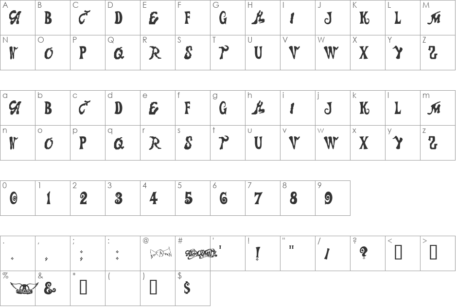 Aerosmith font character map preview