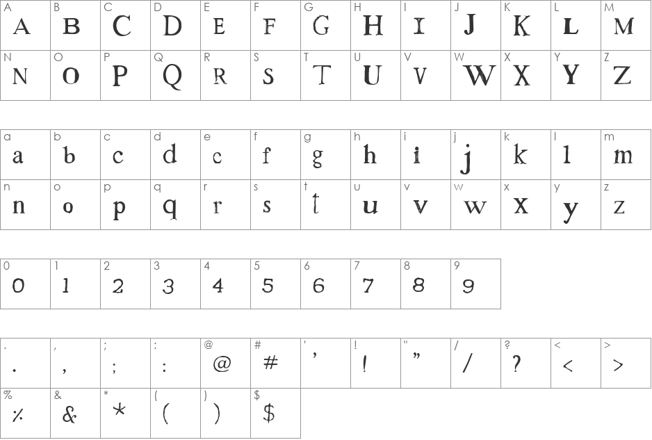 Westsac font character map preview