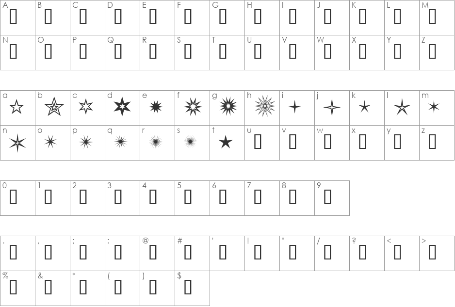 WE_Starcrazy1 font character map preview