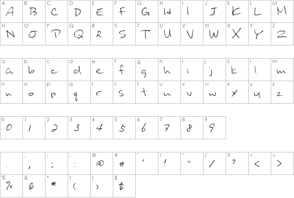 BinghamsHand font character map preview