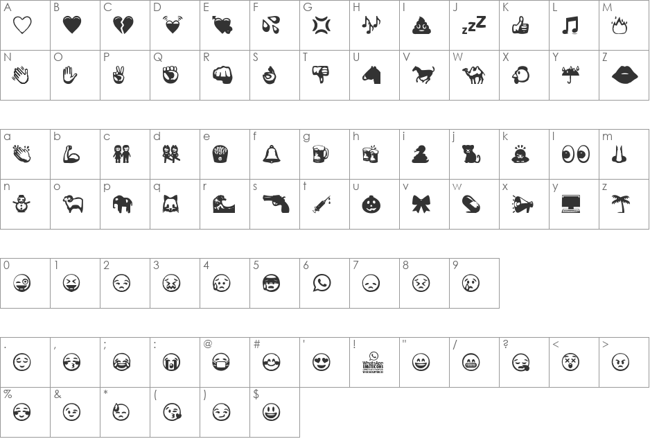 whatsapp emoticons font character map preview