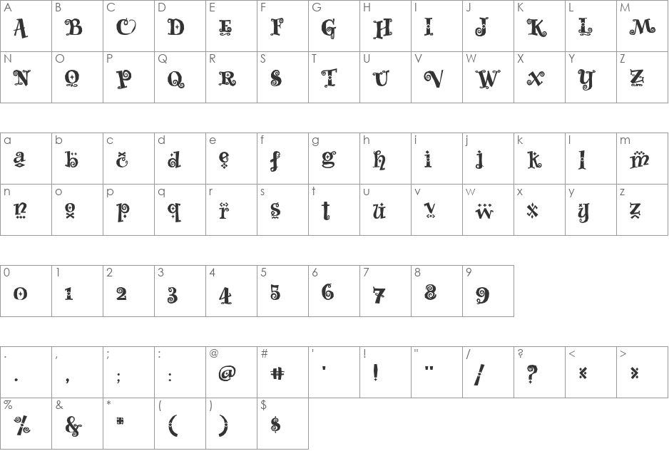 Whimsy Baroque ICG Heavy font character map preview