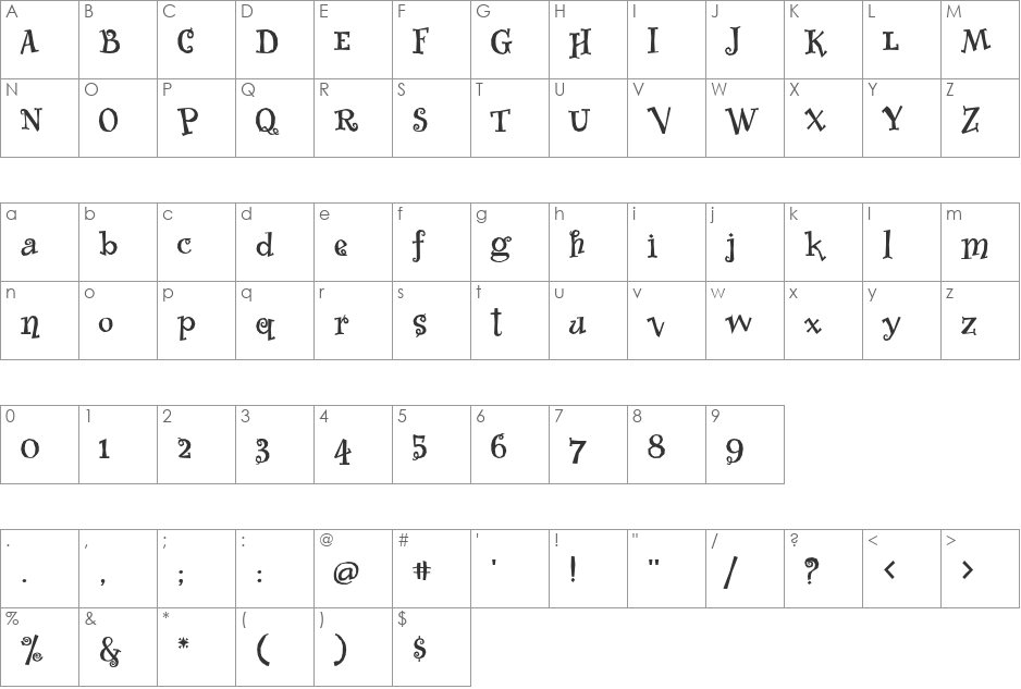 Whimsy ICG font character map preview