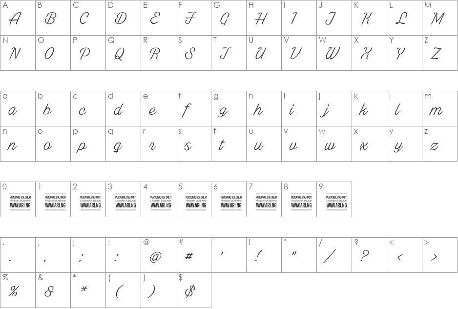 White Larch PERSONAL USE ONLY font character map preview