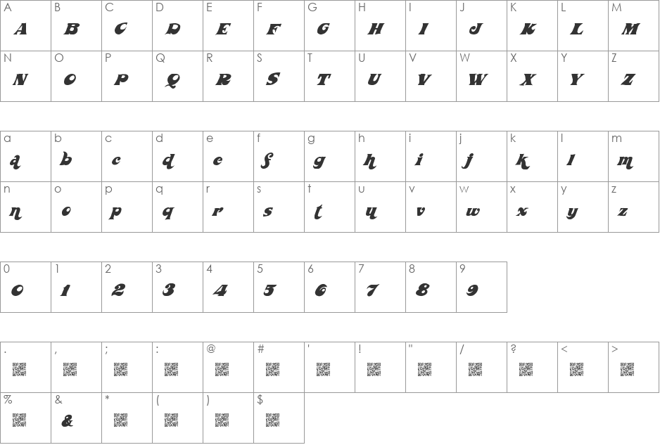 WickedSeventies font character map preview