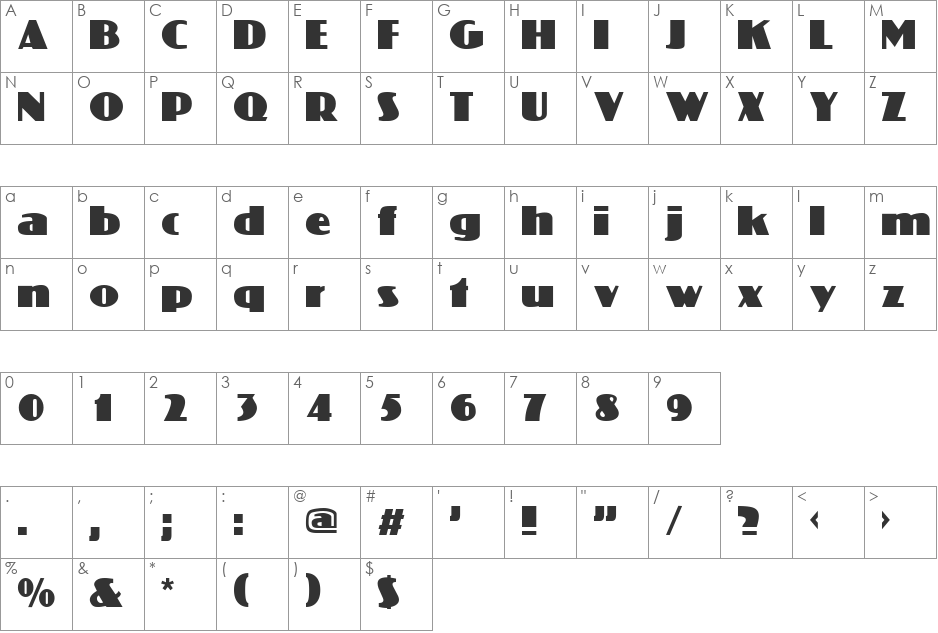 WideBoy font character map preview