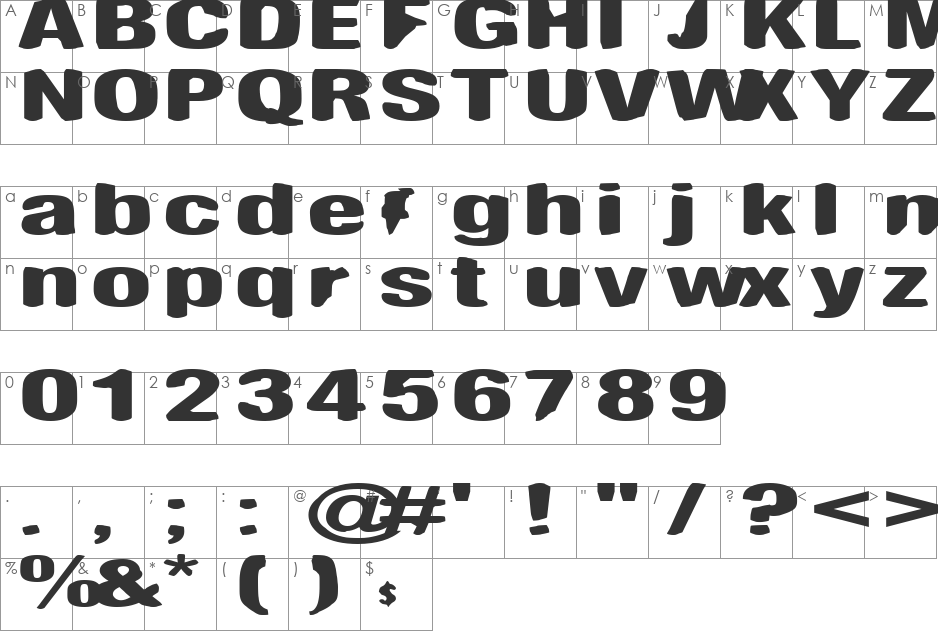 Widebristle font character map preview