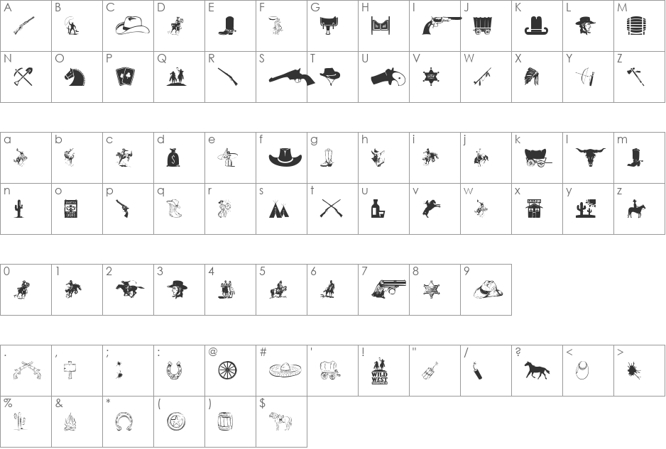 Wild West Icons font character map preview