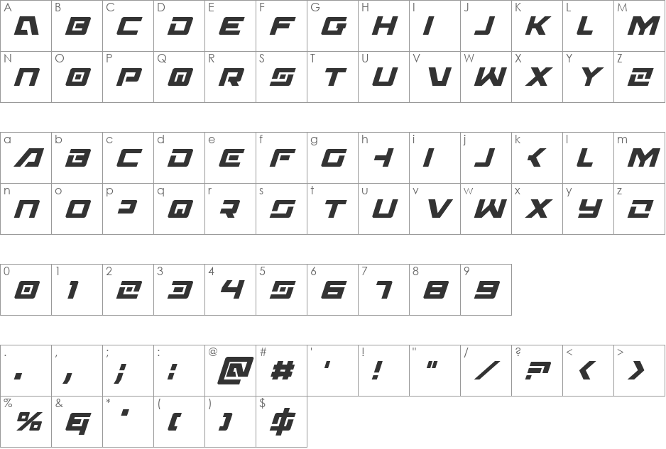Wildcard Condensed Italic font character map preview