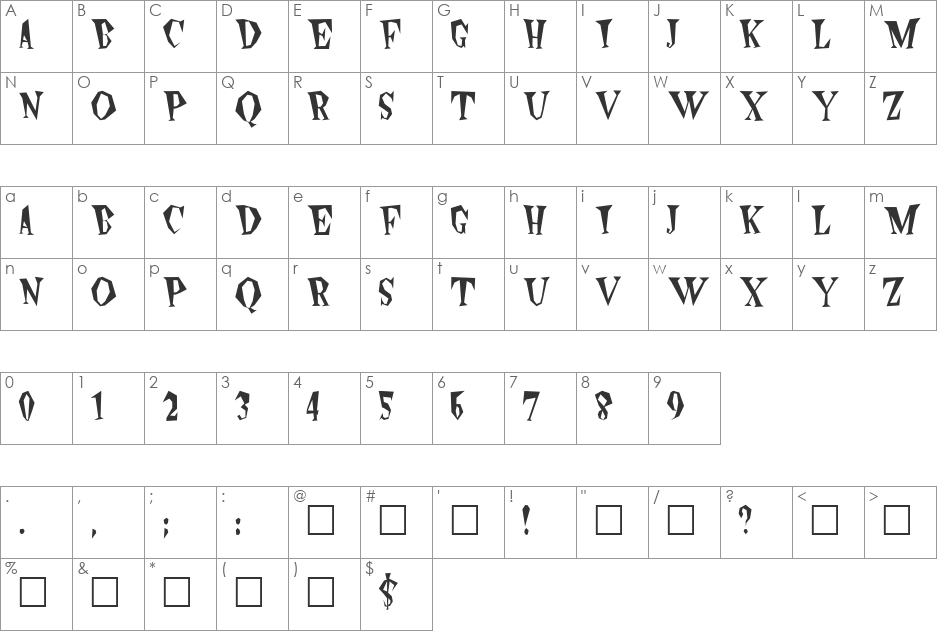Wildside font character map preview