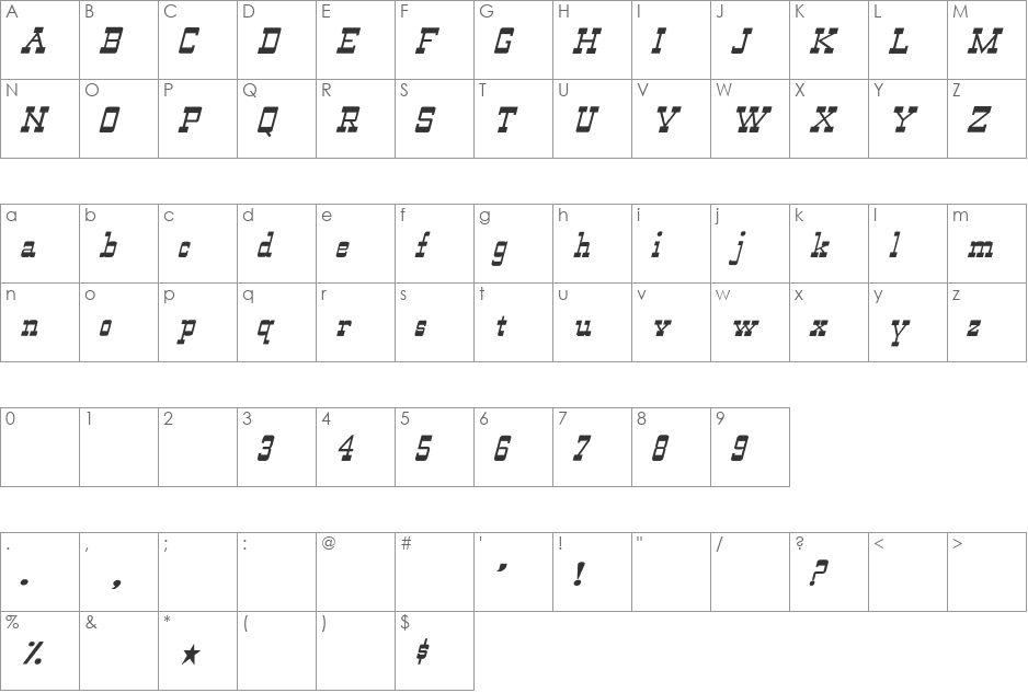 WildWest-Normal Italic font character map preview