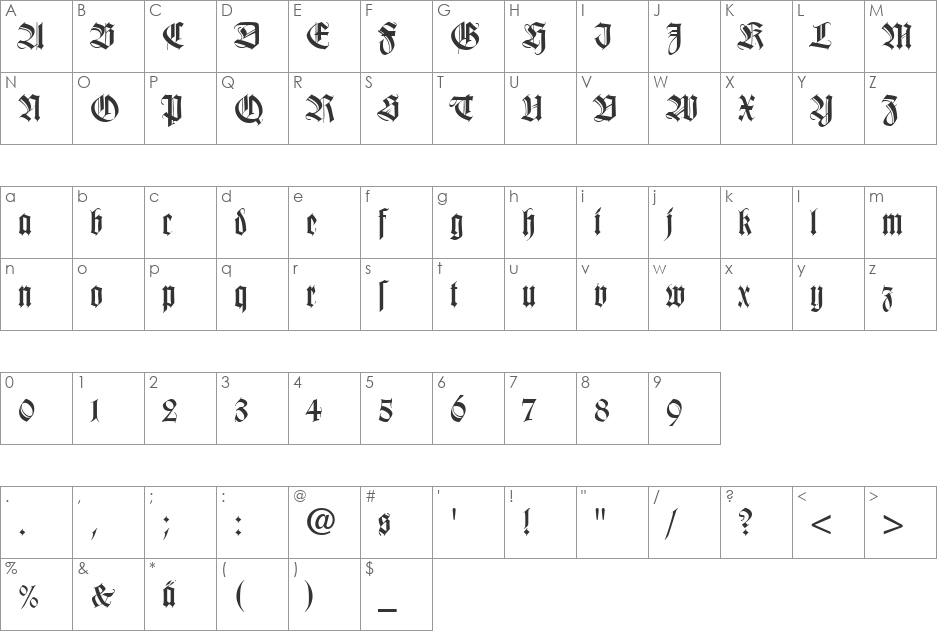WilheKliGotDfr font character map preview