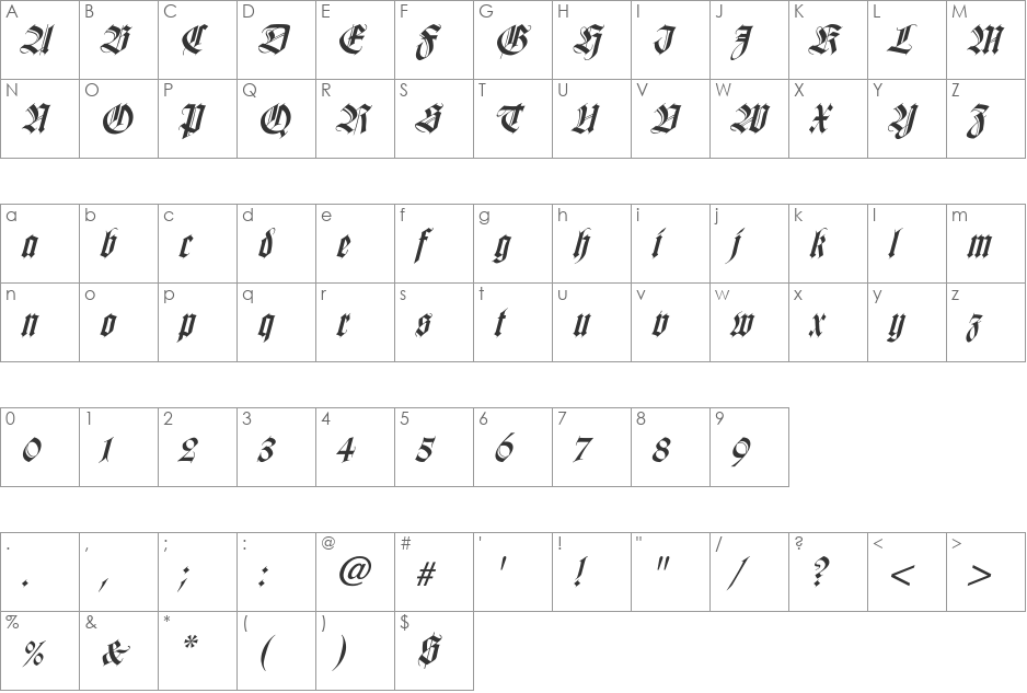 WilhelmKlingsporGotisch Italic font character map preview