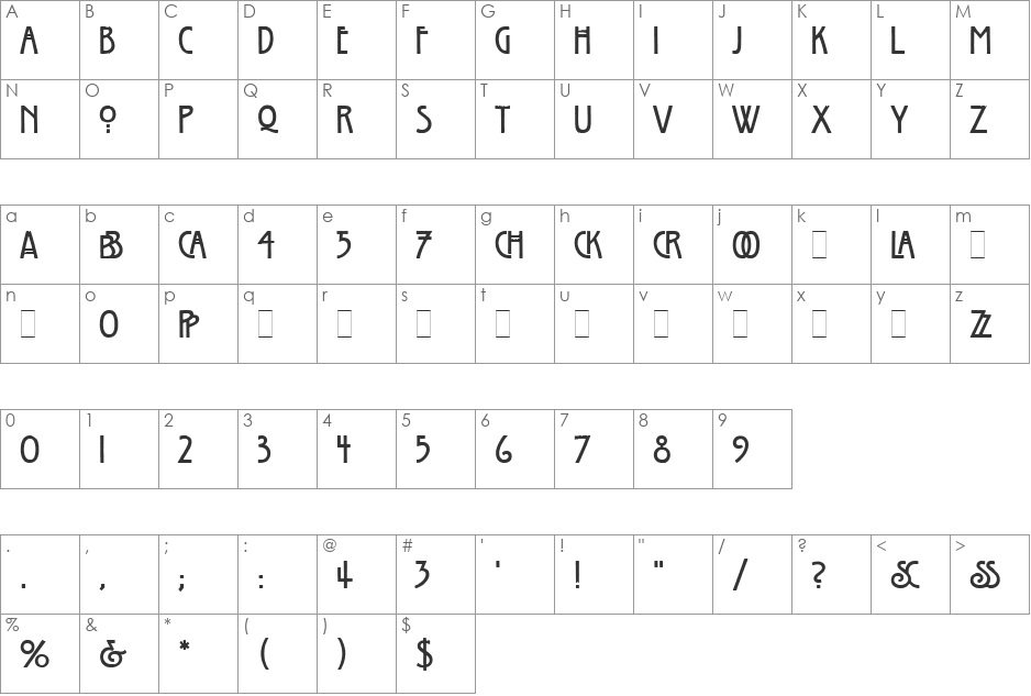 Willow LET font character map preview