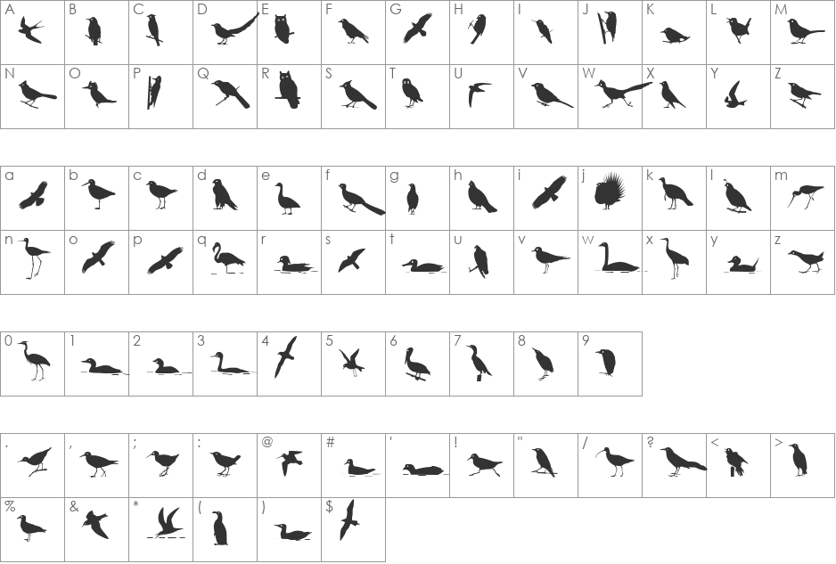 Bird Silhouettes font character map preview