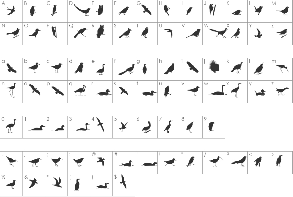 Bird Silhouettes reverse font character map preview