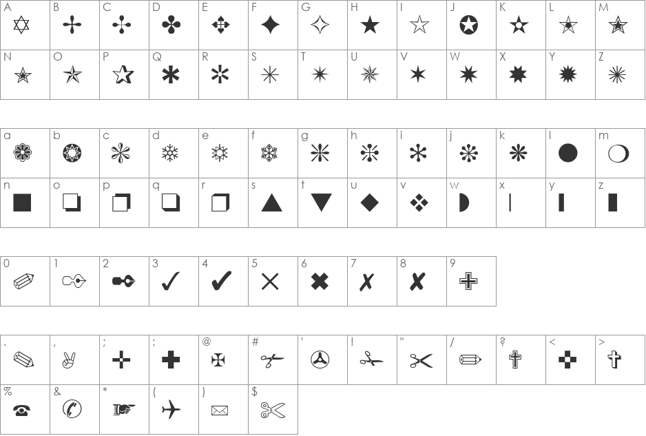 WingedBatsSH font character map preview