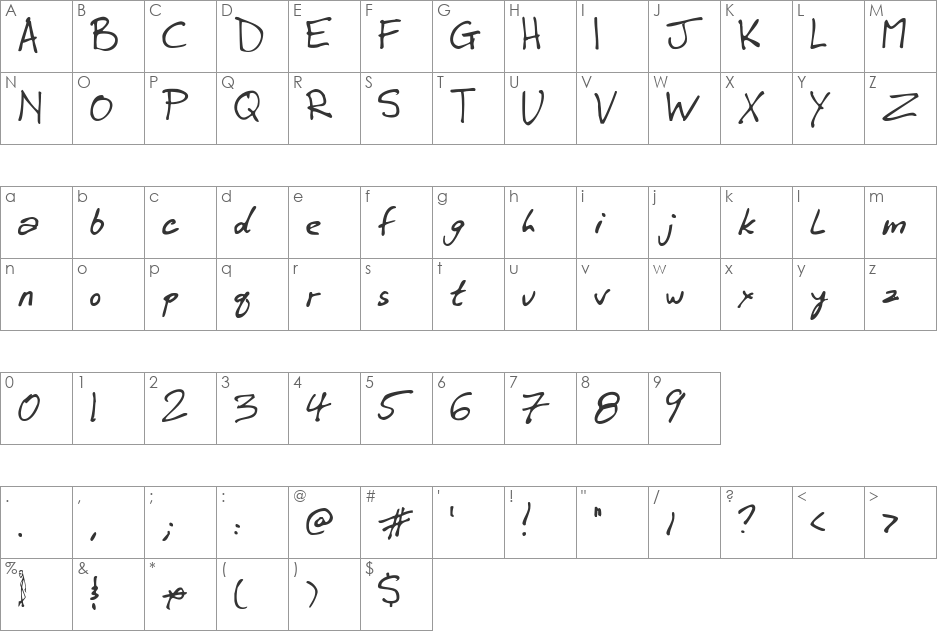 Winkie font character map preview