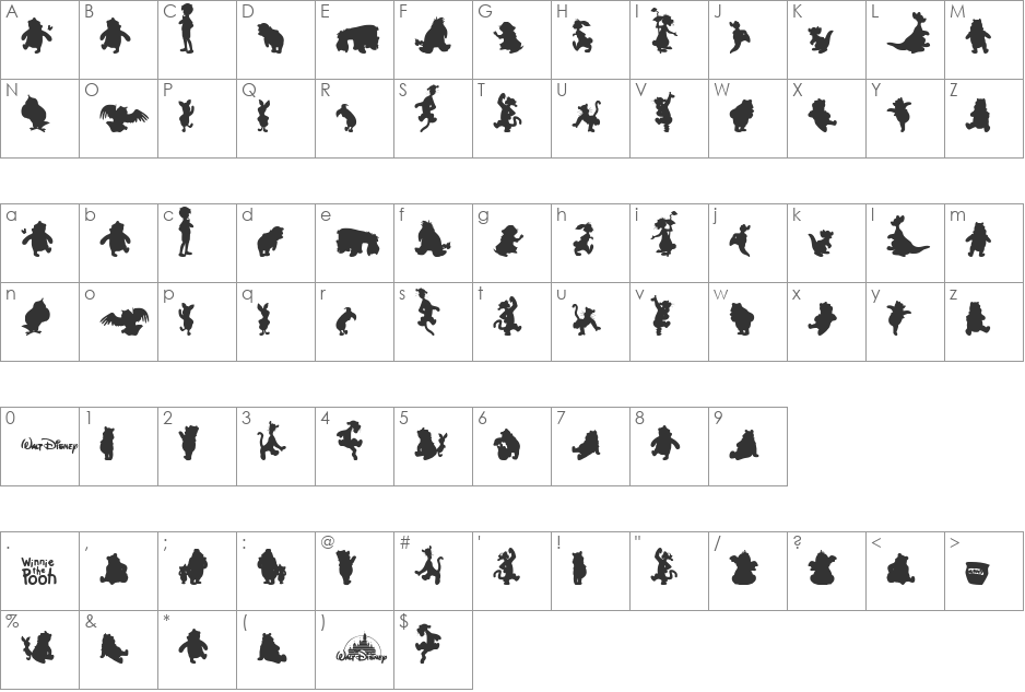Winnie Silhouettes font character map preview